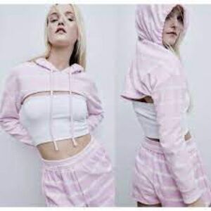 Zara Super Cropped Sweatshirt Shrug Hoodie Size Large Pink Tie Dye Terry Cloth